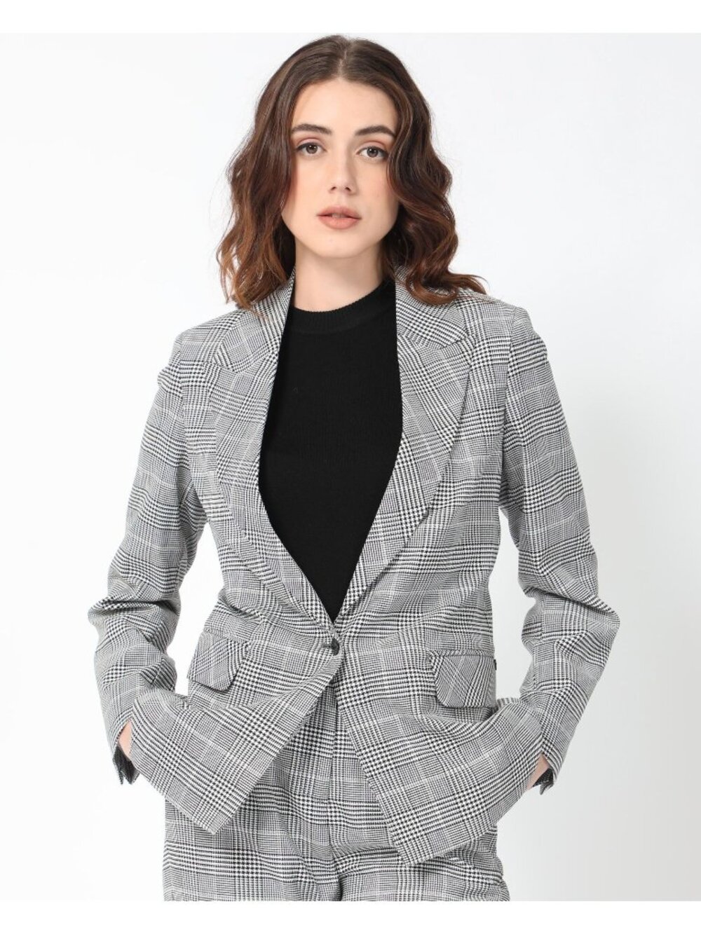 Worthington Plaid Blazer Jacket Size Medium Black White Houndstooth Single Butto